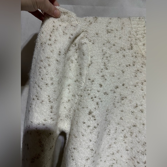 NWT Ann Taylor Cream & Gold Metallic Shimmer Puff Sleeve Sweater Sz Large Party - Picture 5 of 6